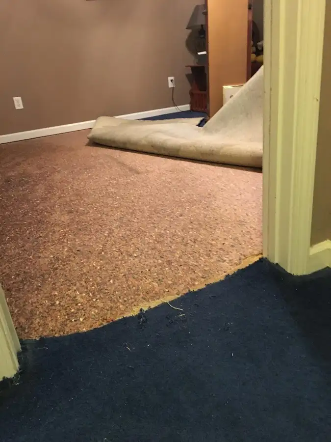 Carpet pad removal revealing water damage during Water Mitigation Services in Rockport